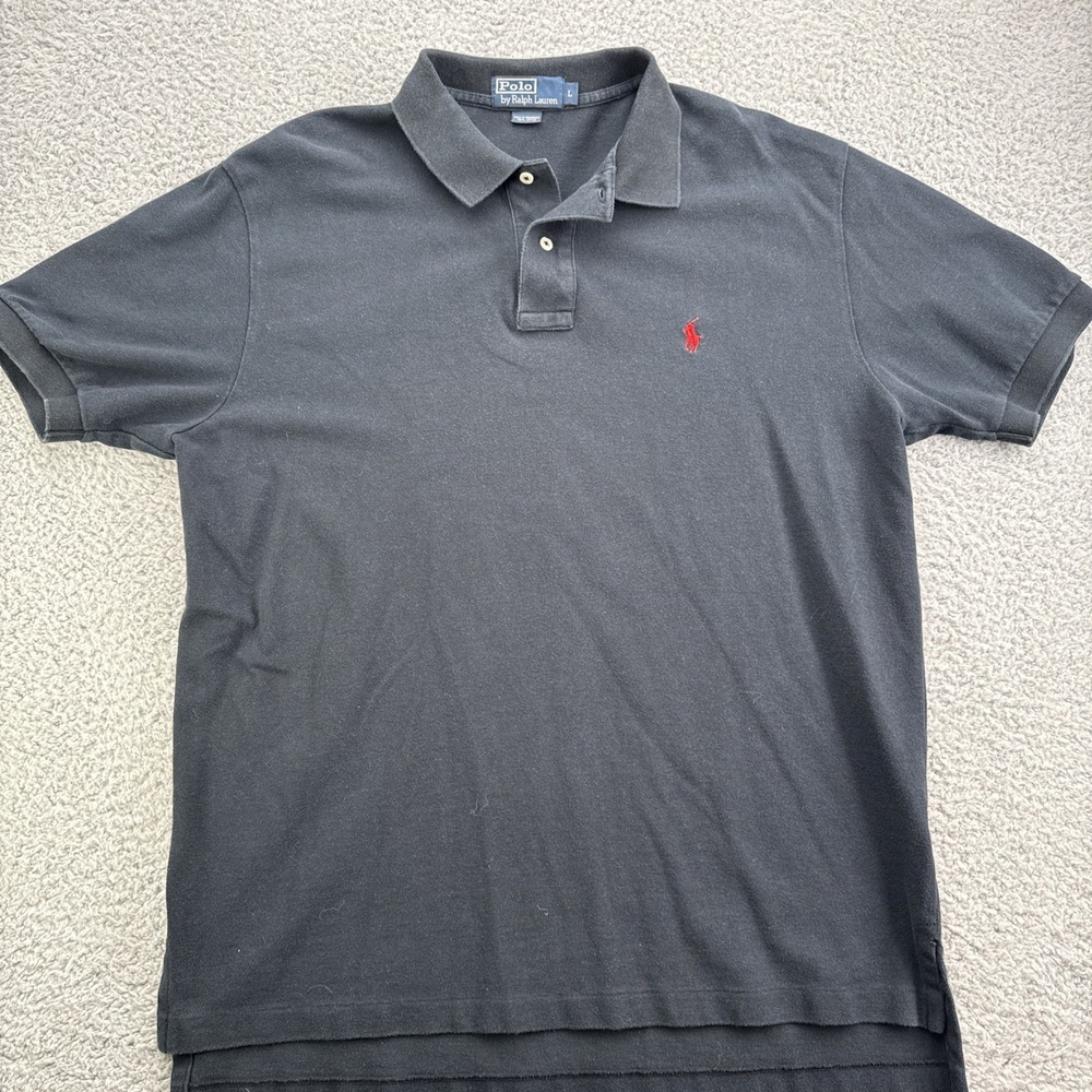 POLO RALPH LAUREN Shirt Mens Large S/S Polo Black Red Pony Cotton Vintage
